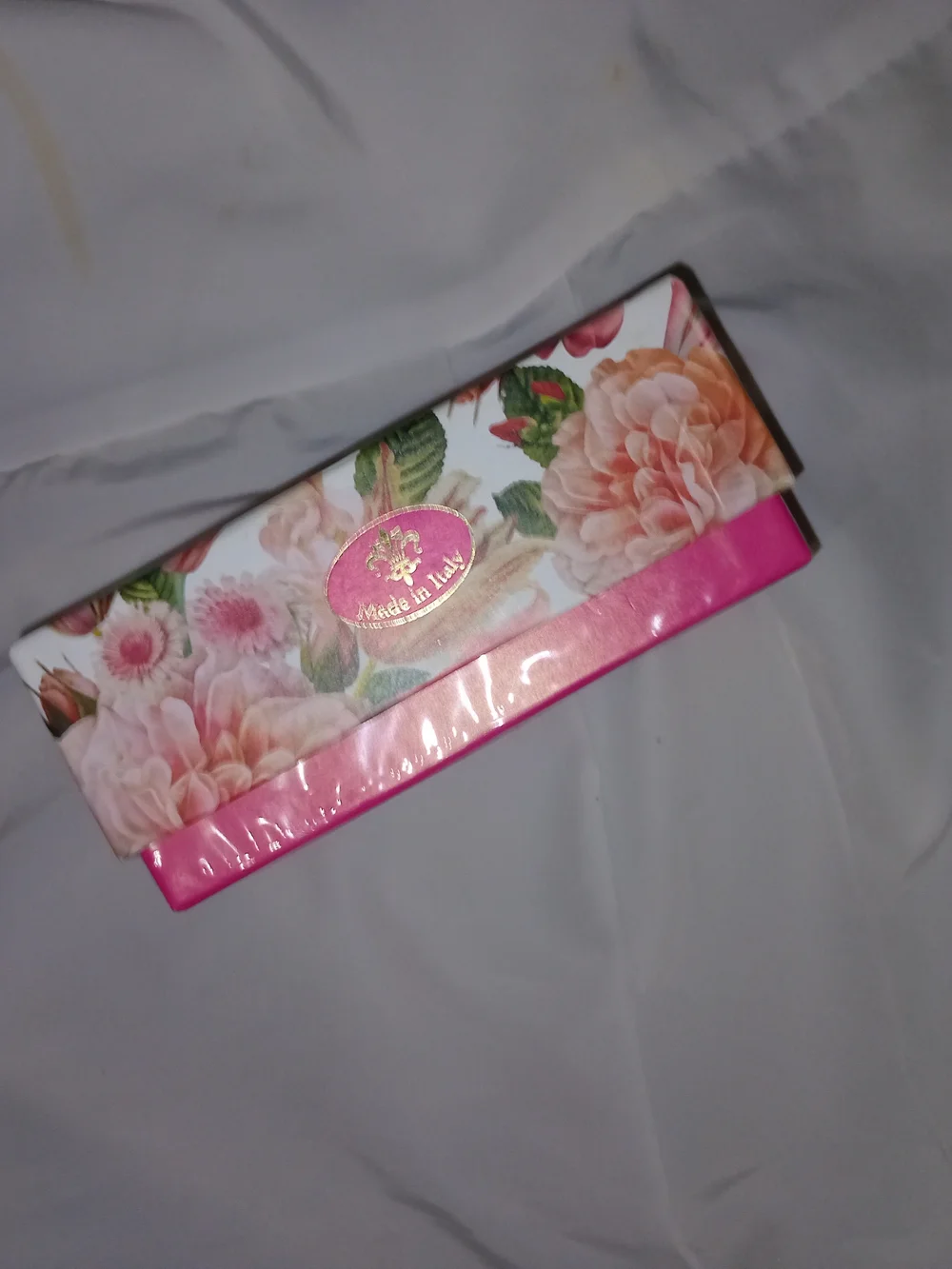 Floral Pink Cosmetic Clutch with Gold Emblem